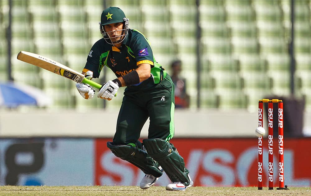 Pakistan’s cricket captain Misbah-ul-Haq plays a shot during the Asia Cup final cricket match against Sri Lanka in Dhaka.