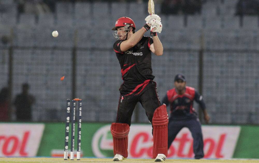 ICC World Twenty20 2014:Hong Kong captain Jamie Atkinson bowled during their match agaisnt Nepal in Chittagong (March 16, 2014)