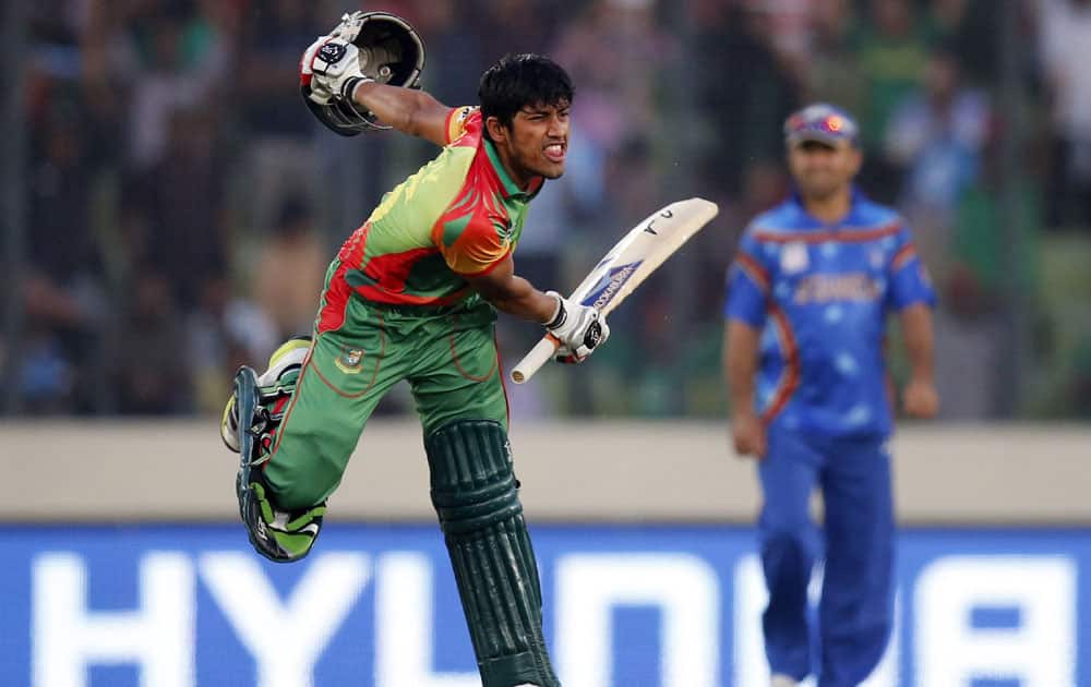ICC World Twenty20 2014: Bangladesh batsman Anamul Haque celebrates the winning shot against Afghanistan in Dhaka (March 16, 2014)