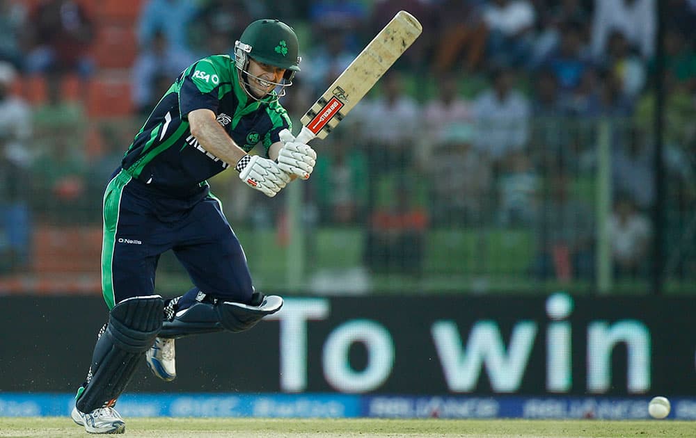 Ireland batsman Ed Joyce plays a shot during their ICC Twenty20 Cricket World Cup match against Zimbabwe in Sylhet, Bangladesh.