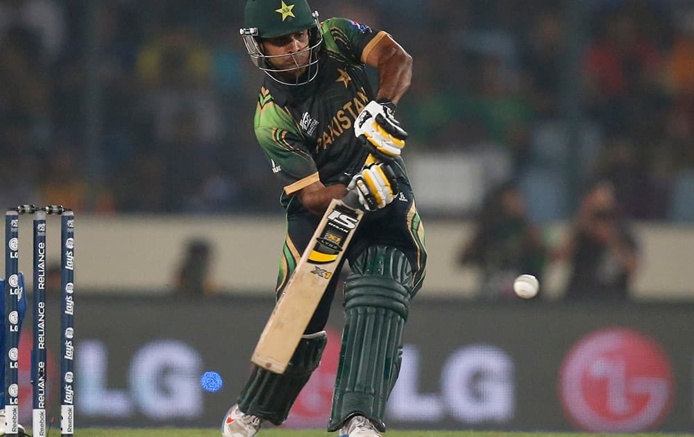 Pakistan's captain Mohammad Hafeez bats during their ICC Twenty20 Cricket World Cup match against India in Dhaka, Bangladesh.
