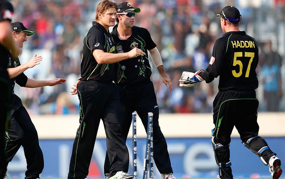 Australia's bowler Shane Watson, center left, celebrates with teammates after taking the wicket of Pakistan's captain Mohammad Hafeez during their ICC Twenty20 Cricket World Cup match in Dhaka.