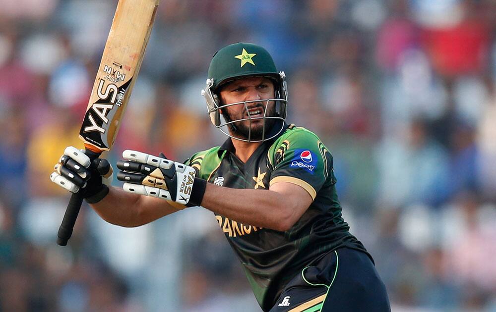 Pakistan's batsman Shahid Afridi watches his shot during their ICC Twenty20 Cricket World Cup match against Australia in Dhaka.