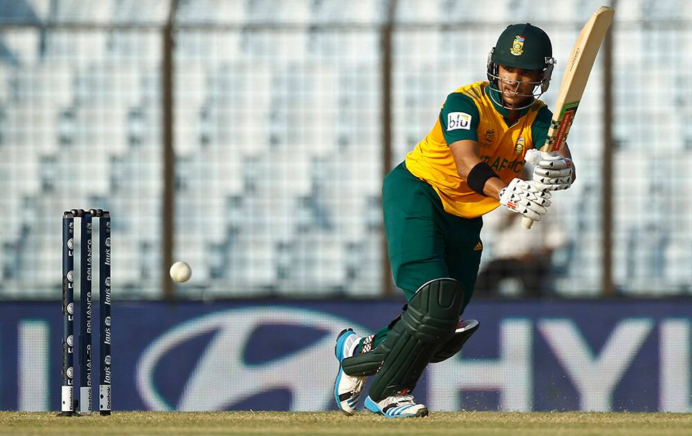South Africa's JP Duminy plays a shot during their ICC Twenty20 Cricket World Cup match against New Zealand, in Chittagong, Bangladesh.