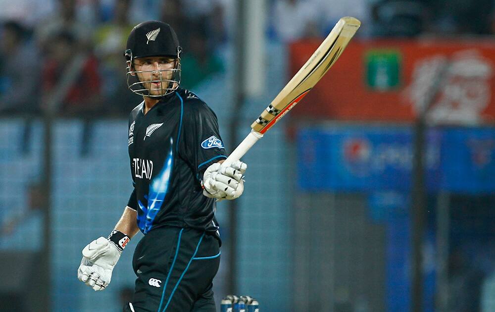 New Zealand's Kane Williamson acknowledges the crowd after scoring a half century during their ICC Twenty20 Cricket World Cup match against South Africa, in Chittagong, Bangladesh.