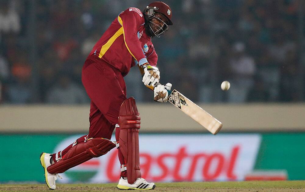 West Indies' batsman Chris Gayle plays a shot during their ICC Twenty20 Cricket World Cup match against Bangladesh in Dhaka, Bangladesh.