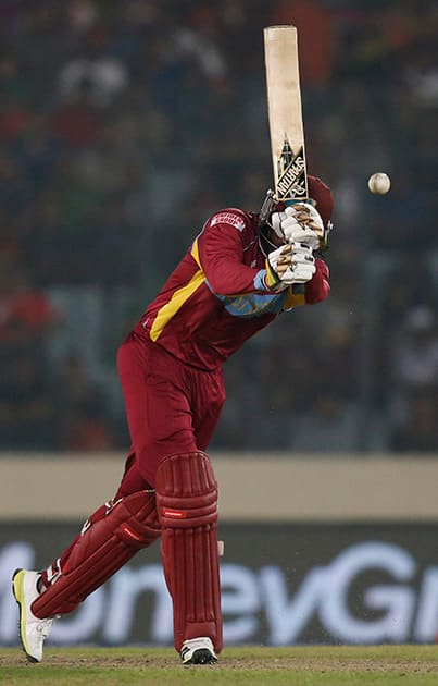 West Indies' batsman Chris Gayle plays a shot during their ICC Twenty20 Cricket World Cup match against Bangladesh in Dhaka, Bangladesh.