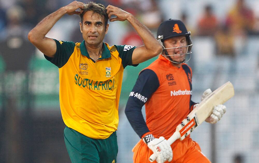 South Africa's Imran Tahir reacts after a delivery during their ICC Twenty20 Cricket World Cup match against Netherlands in Chittagong, Bangladesh.
