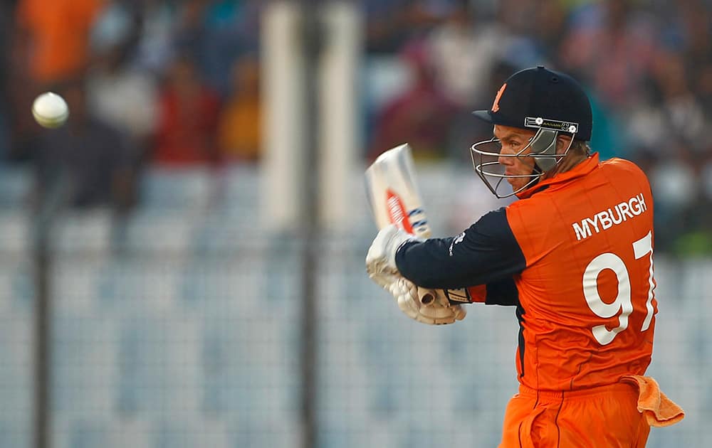 Netherlands' Stephan Myburgh plays a shot during their ICC Twenty20 Cricket World Cup match against South Africa in Chittagong, Bangladesh.
