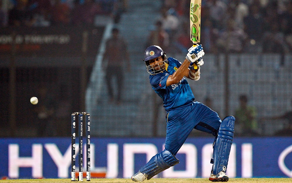 Sri Lanka's Tillakaratne Dilshan plays a shot during their ICC Twenty20 Cricket World Cup match against England in Chittagong, Bangladesh.