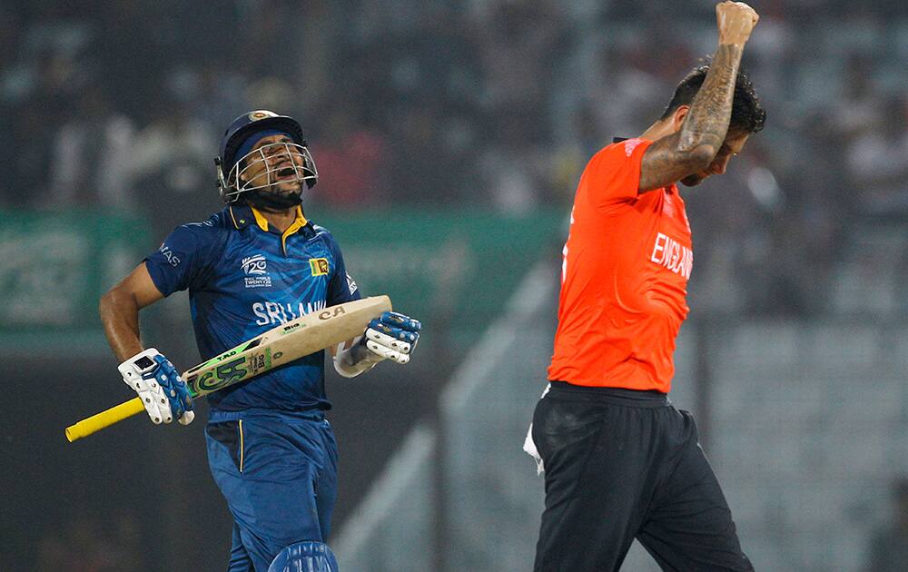 England's Jade Dernbach celebrates the dismissal of Sri Lanka's Tillakaratne Dilshan during their ICC Twenty20 Cricket World Cup match in Chittagong, Bangladesh.