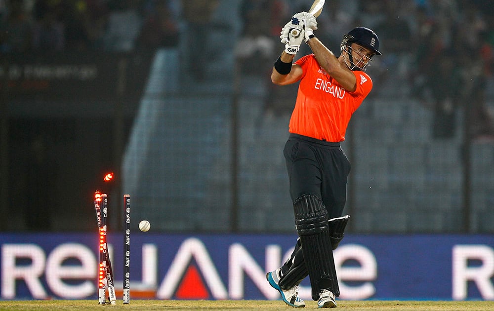 The bails fly off the wickets resulting in the dismissal of England's Michael Lumb during the ICC Twenty20 Cricket World Cup match against Sri Lanka in Chittagong, Bangladesh.