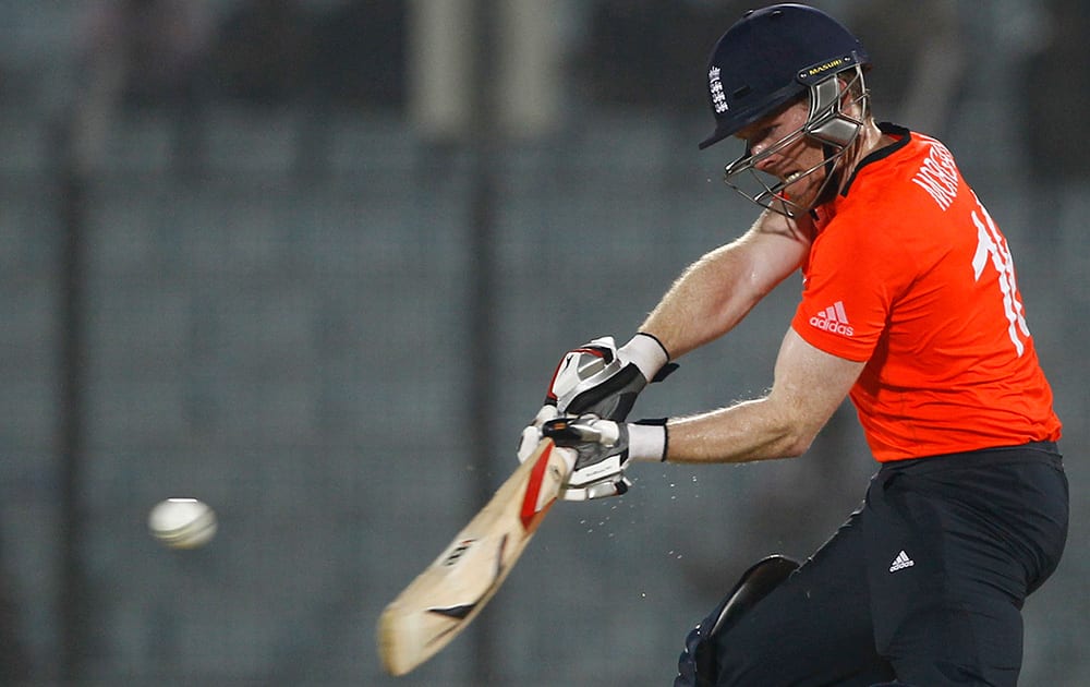 England's Eoin Morgan plays a shot during the ICC Twenty20 Cricket World Cup match against Sri Lanka in Chittagong, Bangladesh.