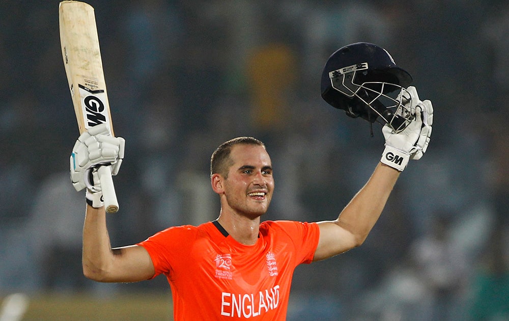 England's Alex Hales acknowledges the crowd after scoring a century during the ICC Twenty20 Cricket World Cup match against Sri Lanka in Chittagong, Bangladesh.