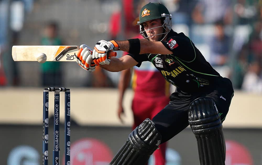 Australia's batsman Glenn Maxwell plays a shot during their ICC Twenty20 Cricket World Cup match against West Indies, in Dhaka.