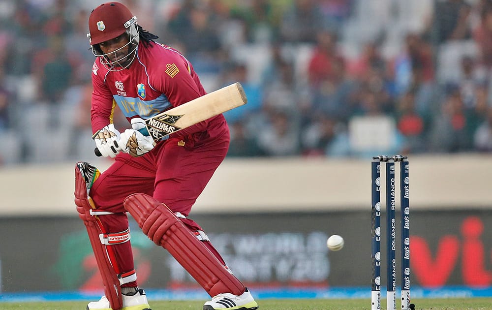 West Indies' batsman Chris Gayle plays a shot during their ICC Twenty20 Cricket World Cup match against Australia in Dhaka, Bangladesh.