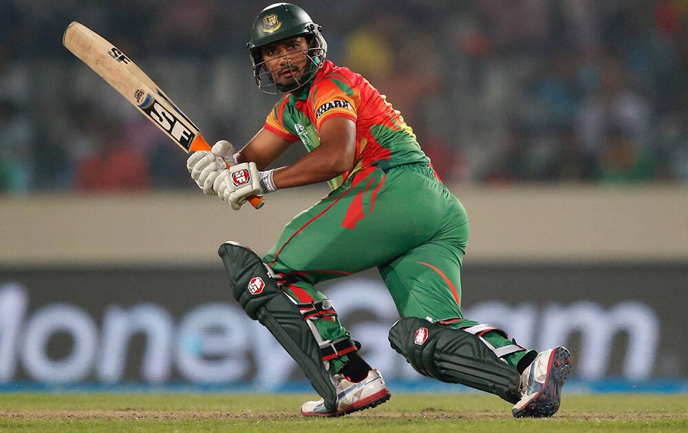 Bangladesh batsman Mahmudullah plays a shot during their ICC Twenty20 Cricket World Cup match against India in Dhaka, Bangladesh.