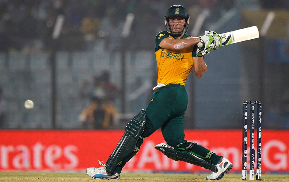 South Africa's AB de Villiers plays a shot during their ICC Twenty20 Cricket World Cup match against England in Chittagong, Bangladesh.