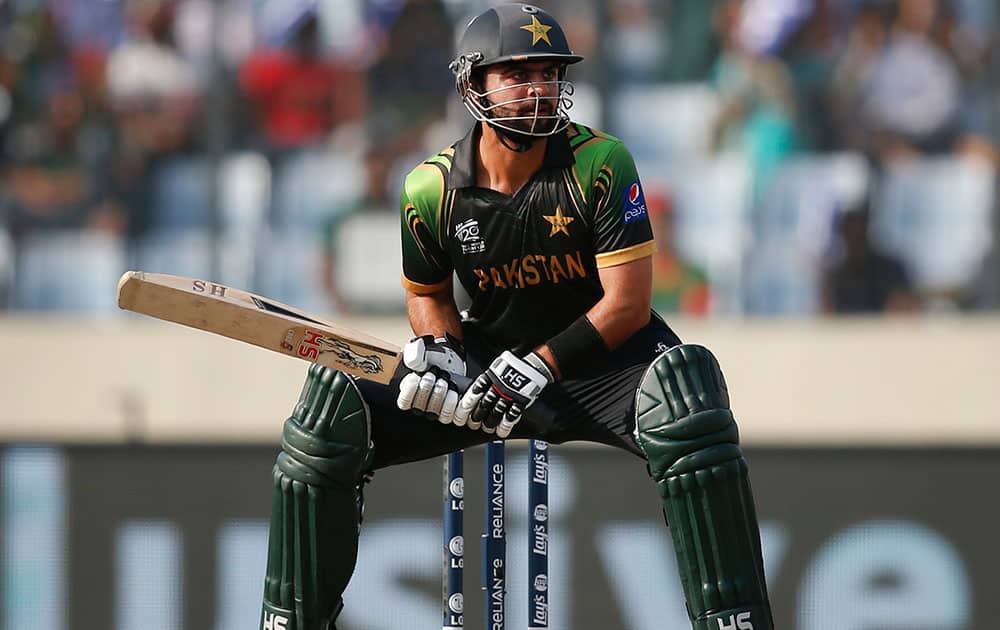 Pakistan batsman Ahmed Shehzad prepares to play a shot during their ICC Twenty20 Cricket World Cup match against Bangladesh in Dhaka, Bangladesh.
