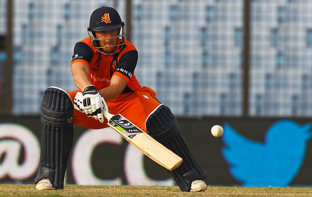 Netherlands' Wesley Barresi plays a shot during their ICC Twenty20 Cricket World Cup match against England in Chittagong, Bangladesh.