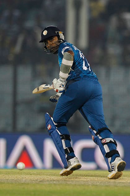 Sri Lanka's Mahela Jayawardena plays a shot during their ICC Twenty20 Cricket World Cup match against New Zealand in Chittagong, Bangladesh.