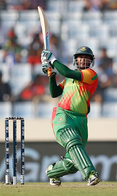 Bangladeshi batsman Shakib Al Hasan plays a shot during their ICC Twenty20 Cricket World Cup match against Australia in Dhaka