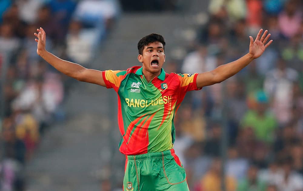 Bangladesh bowler Taskin Ahmed appeals unsuccessfully for the wicket of an Australian batsman during their ICC Twenty20 Cricket World Cup match in Dhaka.
