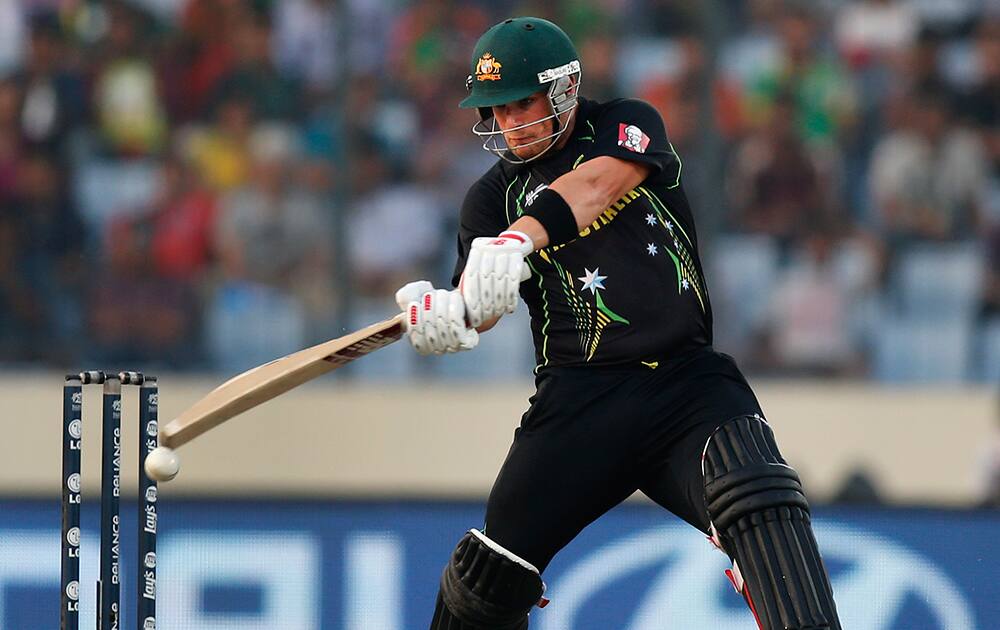 Australia batsman Aaron Finch plays a shot during their ICC Twenty20 Cricket World Cup match against Bangladesh in Dhaka, Bangladesh.