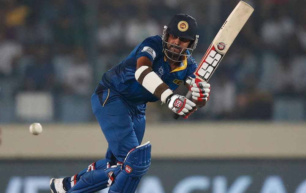 Sri Lanka's batsman Lahiru Thirimanne plays a shot during their ICC Twenty20 Cricket World Cup semi-final match against West Indies' in Dhaka.