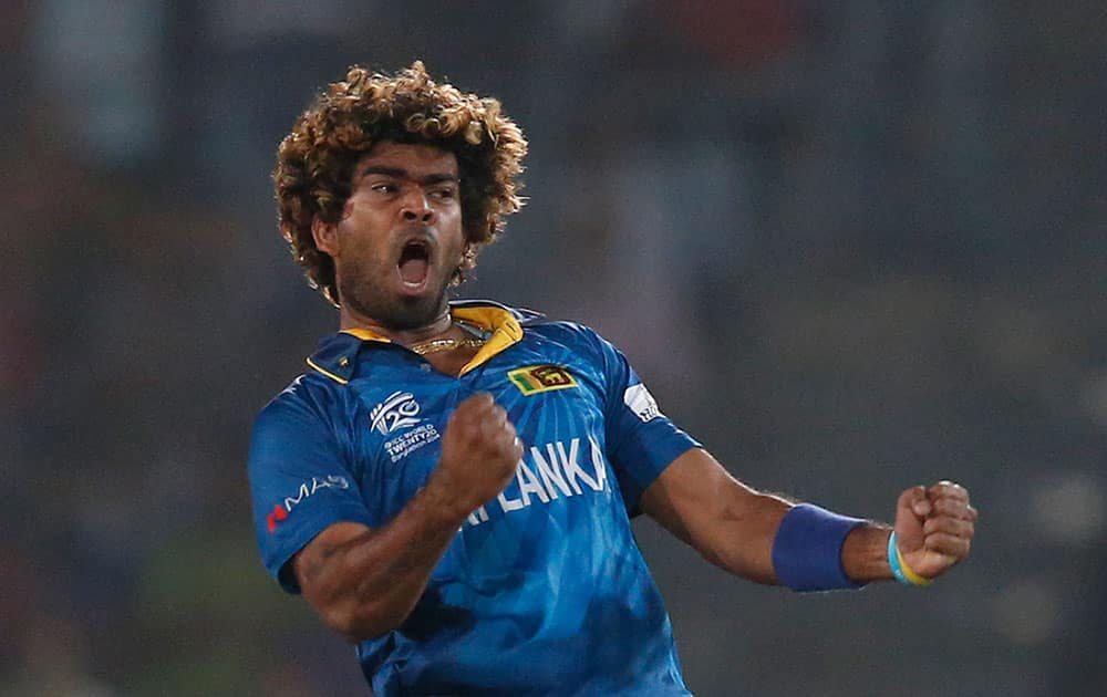 Sri Lanka's captain Lasith Malinga celebrates the dismissal of West Indies' batsman Dwayne Smith during their ICC Twenty20 Cricket World Cup semi-final match in Dhaka, Bangladesh.