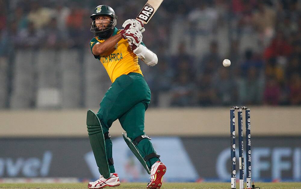 South Africa's batsman Hashim Amla plays a shot during their ICC Twenty20 Cricket World Cup semi-final match against India in Dhaka, Bangladesh.