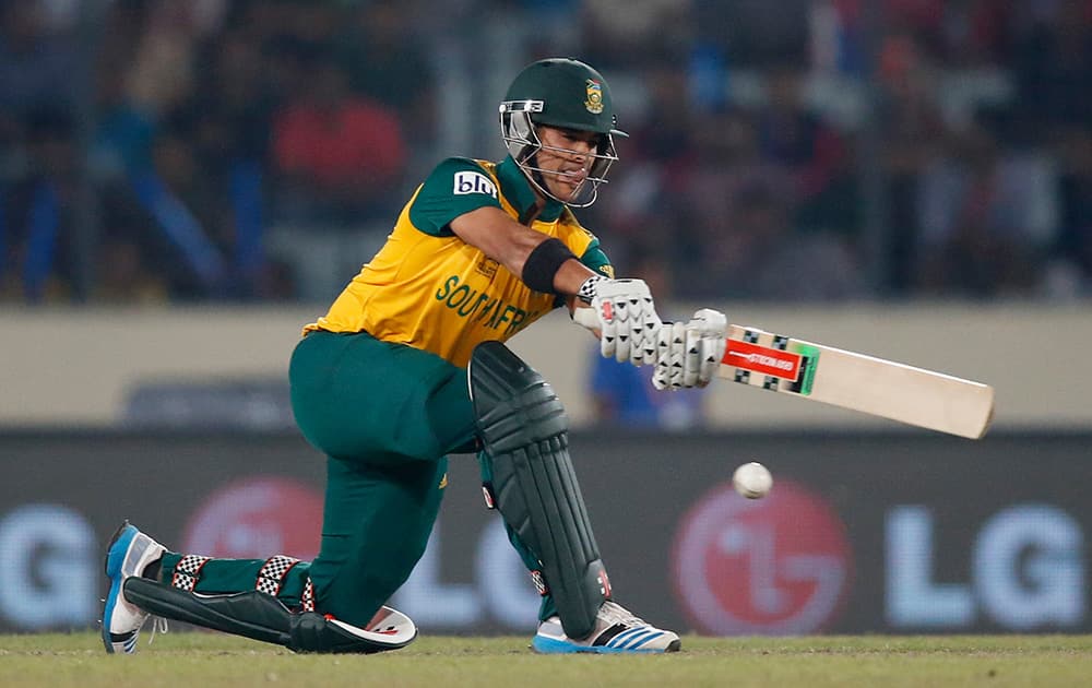 South Africa's batsman JP Duminy plays a shot during their ICC Twenty20 Cricket World Cup semi-final match against India in Dhaka, Bangladesh.
