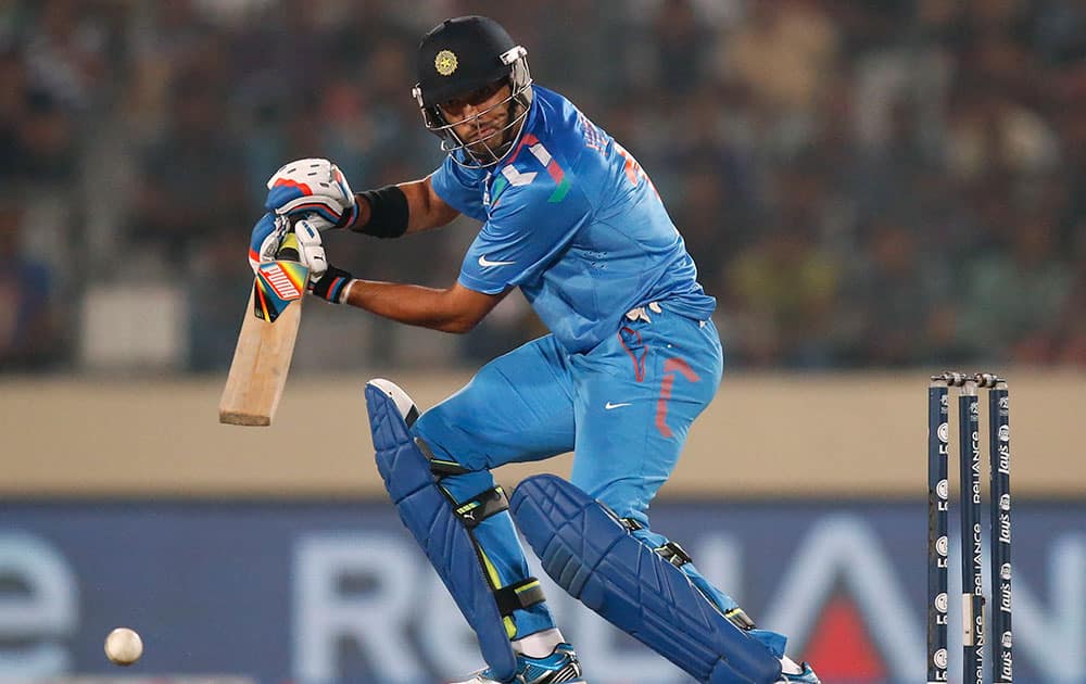 Yuvraj Singh plays a shot during their ICC Twenty20 Cricket World Cup semi-final match against South Africa in Dhaka, Bangladesh.