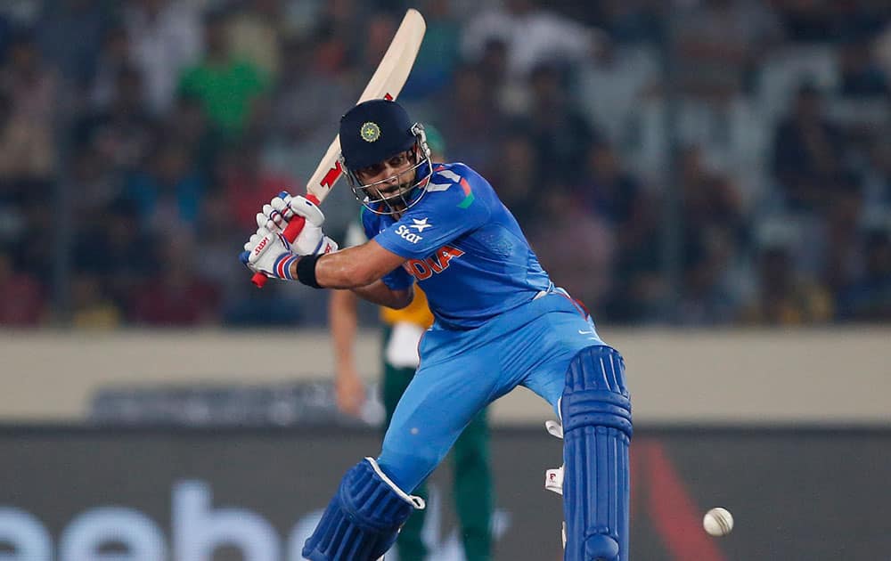 Virat Kohli plays a shot during their ICC Twenty20 Cricket World Cup semi-final match against South Africa in Dhaka, Bangladesh.