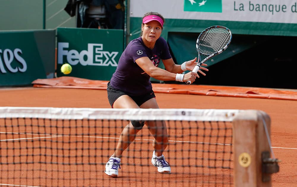 Li Na from China, returns the ball during a training session for the French Open tennis tournament, at the Roland Garros stadium in Paris.