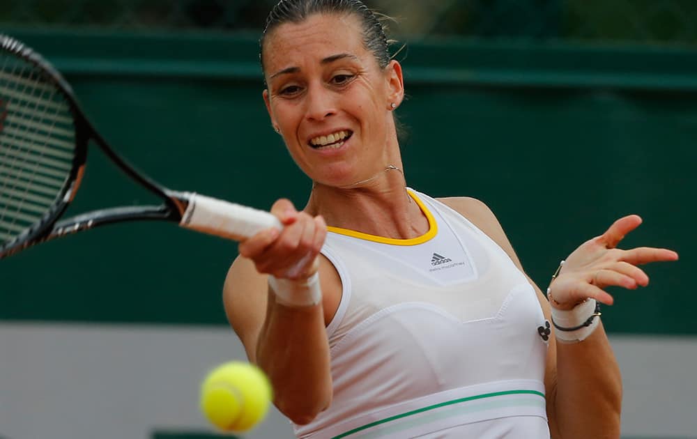 Italy's Flavia Pennetta returns the ball to Austria's Patricia Mayr-Achleitner in the first round match of the French Open tennis tournament at the Roland Garros stadium, in Paris, France.