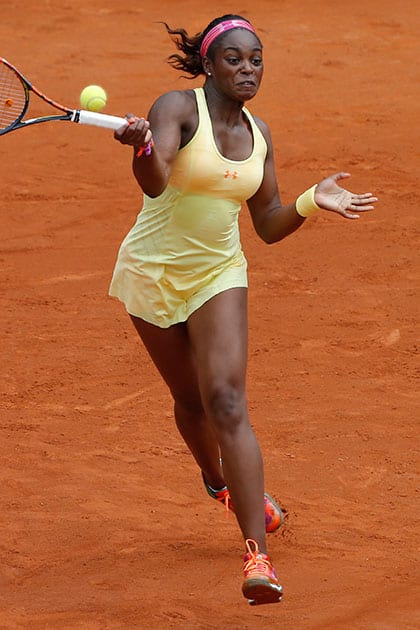 Sloane Stephens of the US returns the ball during the second round match of the French Open tennis tournament against Slovenia's Polona Hercog at the Roland Garros stadium, in Paris