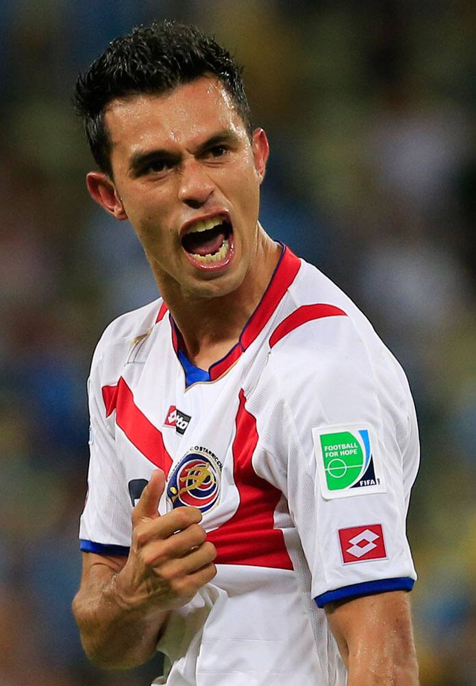 Costa Rica's Giancarlo Gonzalez reacts after the group D World Cup soccer match between Uruguay and Costa Rica at the Arena Castelao in Fortaleza, Brazil.