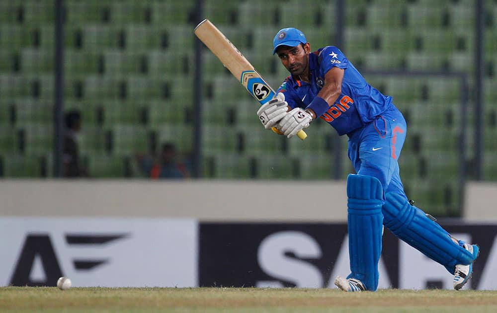 India's Robin Uthappa plays a shot during their first one-day International cricket match against Bangladesh in Dhaka, Bangladesh.