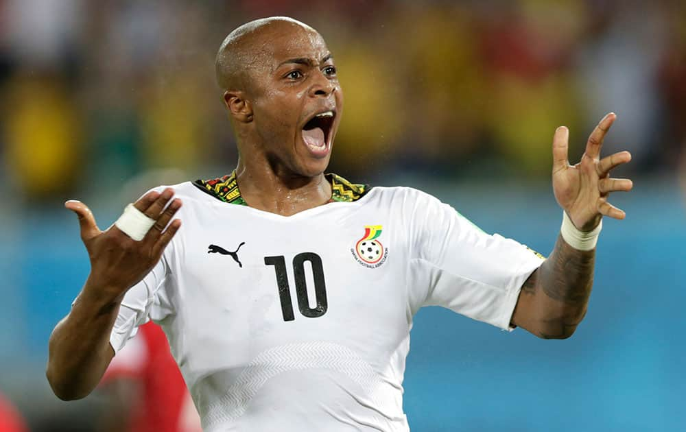 Ghana's Andre Ayew celebrates after scoring his sides first goal during the group G World Cup soccer match between Ghana and the United States at the Arena das Dunas in Natal, Brazil.