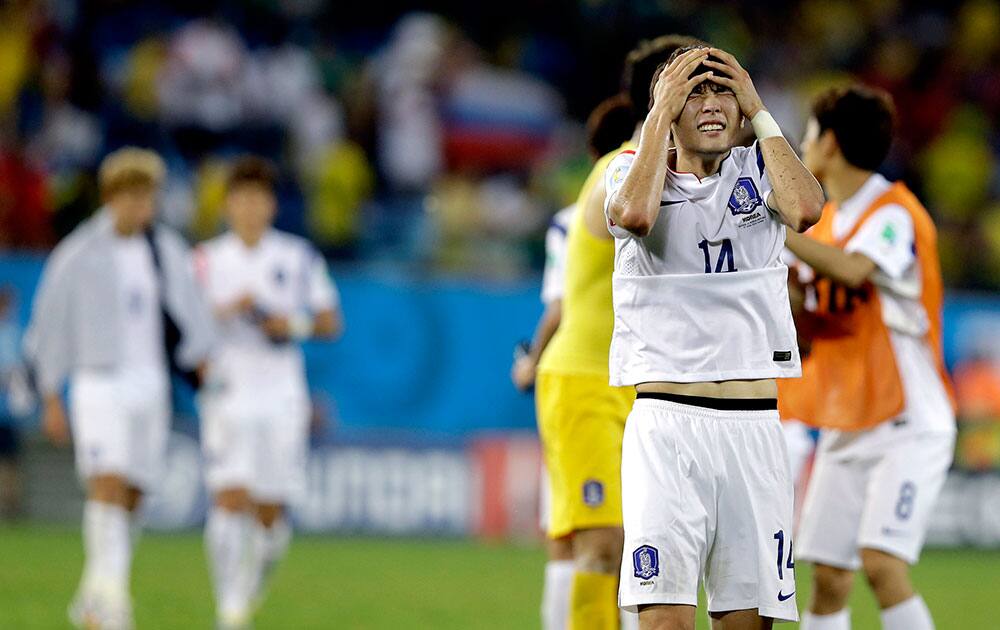 South Korea's Han Kook-young reacts after the group H World Cup soccer match between Russia and South Korea at the Arena Pantanal in Cuiaba, Brazil.