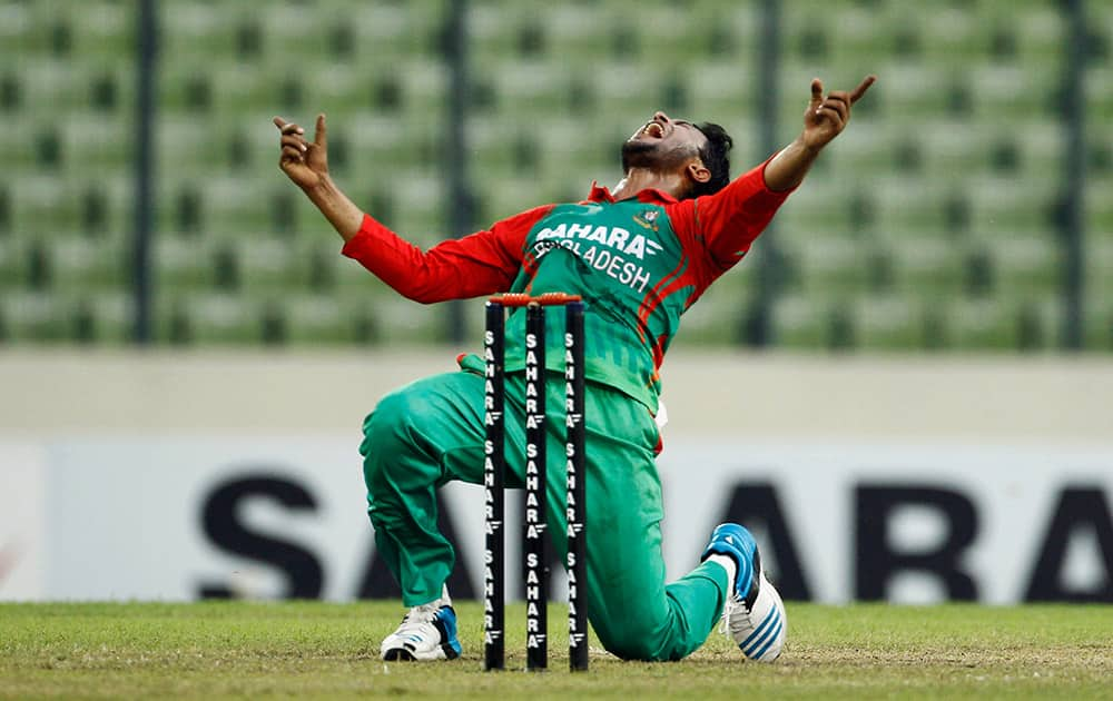 Bangladesh's Shakib Al Hasan reacts after his unsuccessful appeal for LBW during the third one-day International cricket match against India in Dhaka.