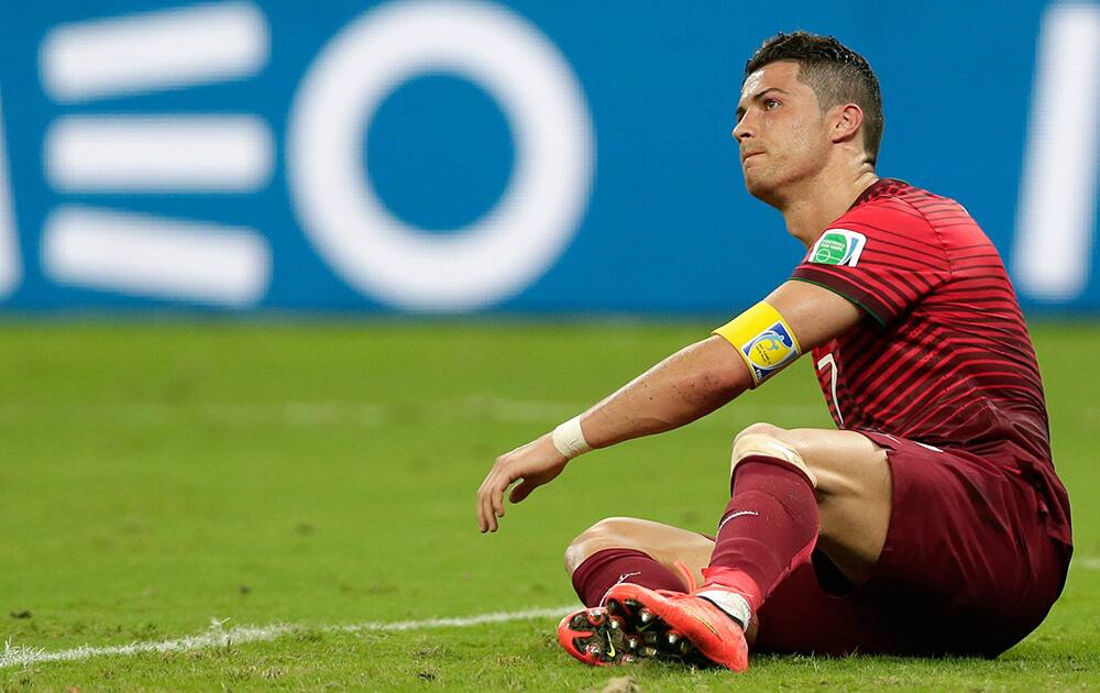 Portugal's Cristiano Ronaldo reacts to a play during the group G World Cup soccer match between the United States and Portugal at the Arena da Amazonia in Manaus, Brazil.