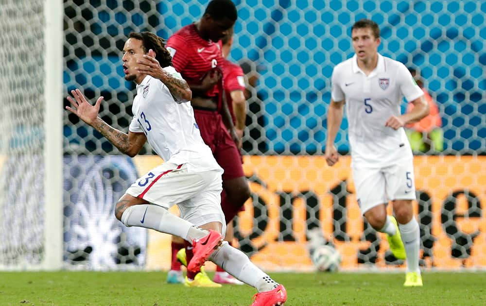 United States' Jermaine Jones celebrates after scoring his side's first goal during the group G World Cup soccer match between the United States and Portugal at the Arena da Amazonia in Manaus, Brazil.