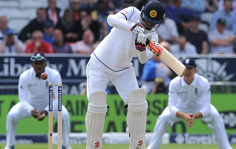 Sri Lanka's Dimuth Karunaratne is bowled by England's Liam Plunkett for 28 runs during their Second Test Match at Headingley cricket ground, Leeds, England.