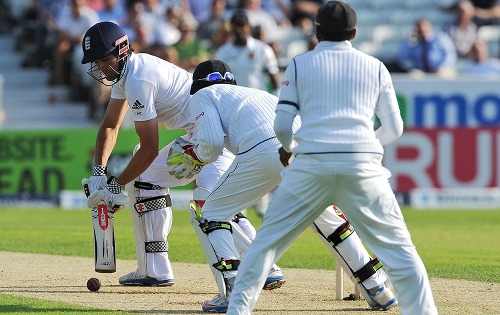 England's Alastair Cook takes a shot, during the Second Test Match against Sri Lanka, at Headingley cricket ground, Leeds, England.