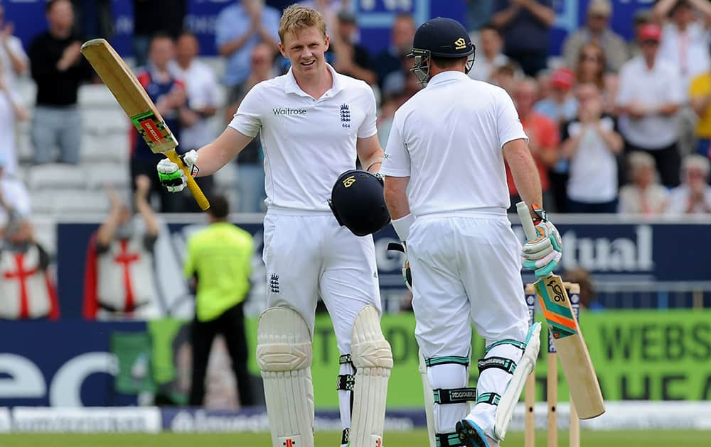 England's Sam Robson celebrates after reaching a century against Sri Lanka during the Second Test Match between England and Sri Lanka at Headingley cricket ground, Leeds, England.