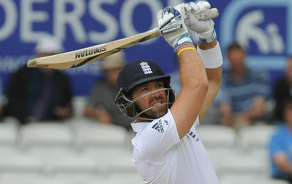 England's Matt Prior drives for six runs, during day three of the Second Test Match between England and Sri Lanka, at Headingley cricket ground, Leeds, England.