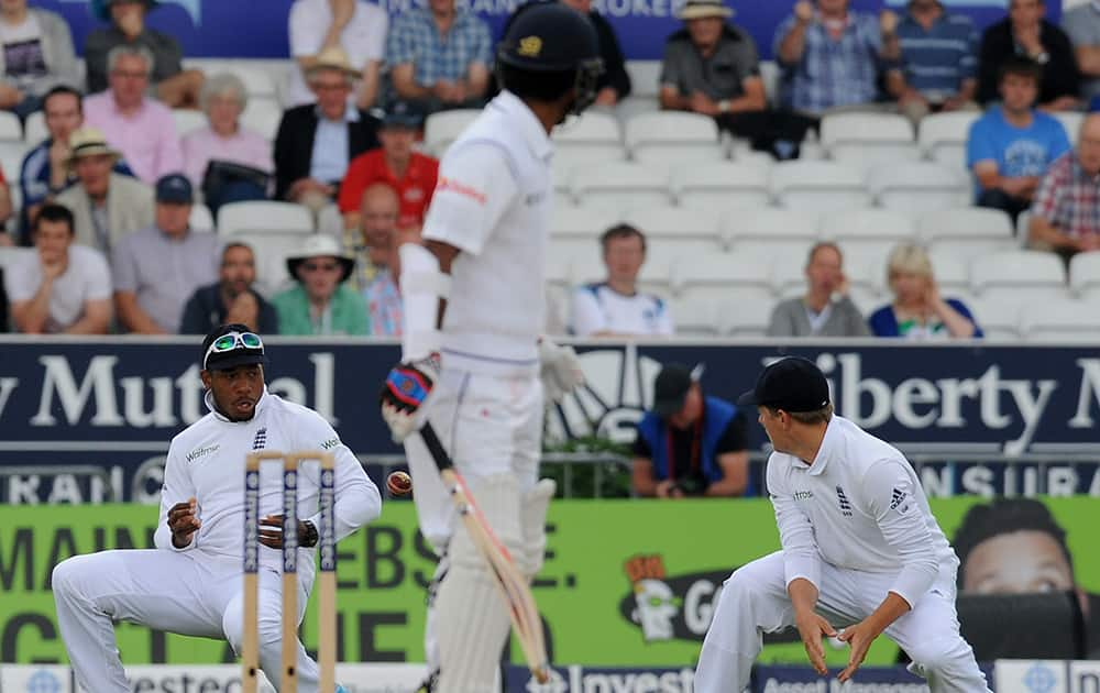 England's Chris Jordan drops a catch off James Anderson bowling to Sri Lanka's Dimuth Karunaratne, during day three of the Second Test Match between England and Sri Lanka at Headingley cricket ground, Leeds, England.