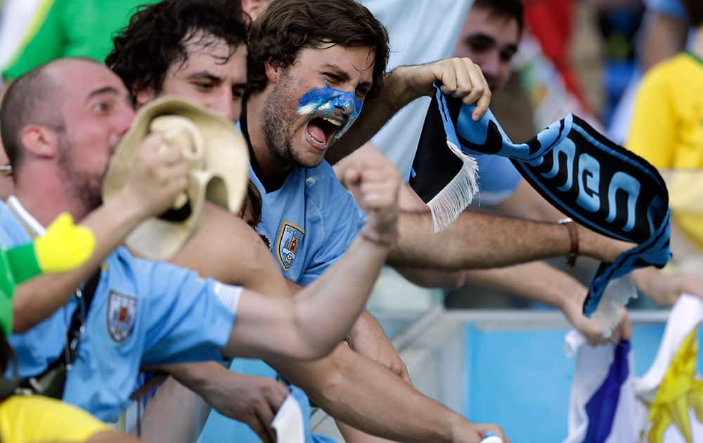 Uruguay supporters cheer following Uruguay's 1-0 victory over Italy during the group D World Cup soccer match at the Arena das Dunas in Natal, Brazil.